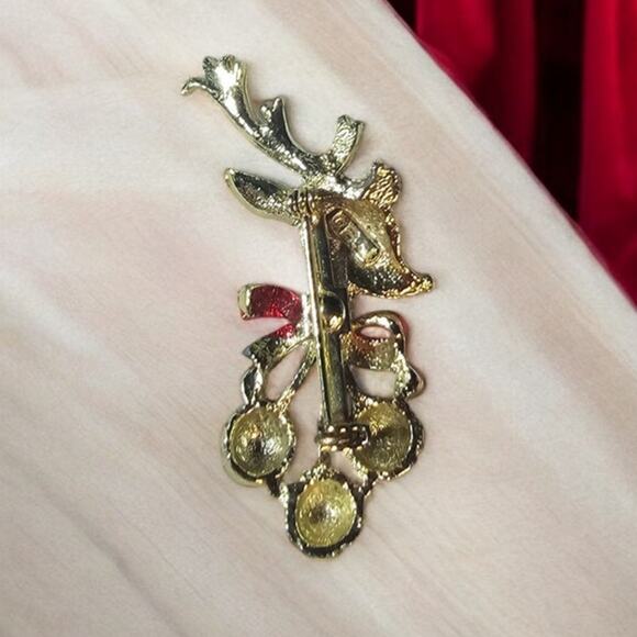 Christmas Rudolf Reindeer Brooch Pin Vintage Signed B.J. - Picture 5 of 7